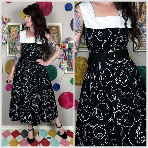 Vintage 1970s Black and White Sleeveless Fit and Flare Cotton Midi Dress - Picture 1 of 7